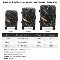 Ensemble de bagages rigides de luxe en marbre noir ABS+PC, 3 pièces, 20/24/28 pouces, avec serrure TSA et accents dorés