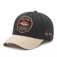 Gorra de béisbol deportiva de sarga con logotipo personalizado, estructurada tipo A, con bordado de pez rojo, bicolor, al por mayor