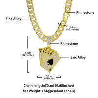 Collier pendentif en alliage de zinc en forme de lettre, motif As de Pique noir glacé, plaqué or/argent, bijoux de poker hip-hop pour soirée