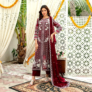 Traje de Rayón Bordado Color Granate para Mujer con Dupatta, Estilo Tradicional Indio-Pakistaní, Largo hasta el Suelo, Corte Regular, Elástico - Product Image 1