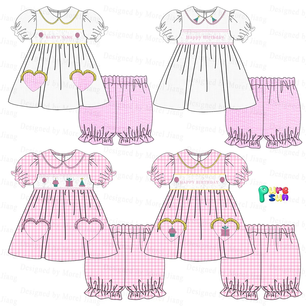 Puresun novo design para conjuntos de aniversário do bebê smocked crianças pijamas atacado meninas roupas conjuntos