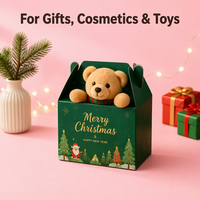 Boîte cadeau Gable de Noël en gros avec poignée pour cosmétiques, jouets, ours en peluche, Père Noël, flocon de neige, emballage en papier Evergreen