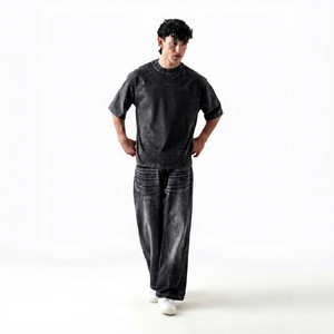 T-shirt décontracté léger pour homme, coupe classique, noir, 100 % coton, denim délavé à l'acide, col rond, été - Product Image 1