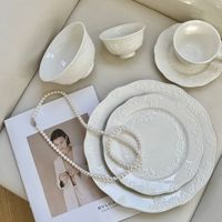 Français rétro industrie lourde en relief en céramique jetable plante blanc pur vaisselle Dessert petit déjeuner assiette à salade tasses à café