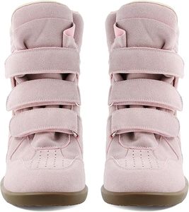 Baskets compensées pour <span class=keywords><strong>femme</strong></span> en daim rose à <span class=keywords><strong>talon</strong></span> haut, plateforme, bout rond, triple bride, fermeture auto-agrippante, style <span class=keywords><strong>tennis</strong></span>, décontractées - Product Image 2