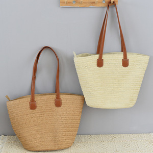 Women's Straw Woven Tote Bag Large Capacity Bohemian Summer Beach Bag Horizontal <b>Square</b> Zipper Closure Off White Khaki - Product Image 5