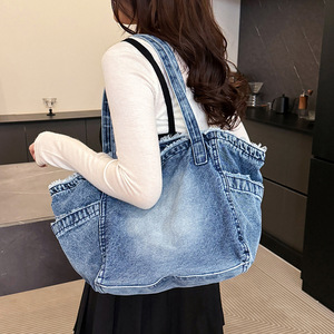Bolso de mano de lona vaquera desgastada vintage con logotipo personalizado al por mayor, bolso de hombro individual para mujer, bolso de compras diario informal - Product Image 2