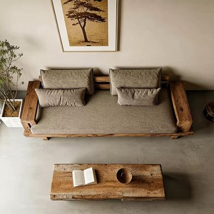 Canapé droit en bois massif Wabi Sabi personnalisé, canapé en tissu de lin minimaliste japonais vintage pour hôtel, B&B, hall, salon - Product Image 3