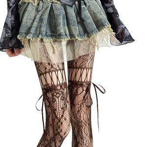 Retro Style Drawstring Thigh High <b>Fishnet</b> Stockings Women's Tie Up Bow Pantyhose Black Transparent Slimming - Product Image 5