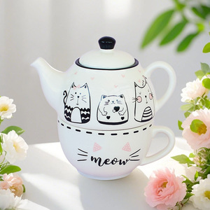 Juego de Té de Cerámica Francés Romántico con Diseño de Gato, Hecho en China, Color Negro y Blanco, para Regalo, Decorativo - Product Image 1