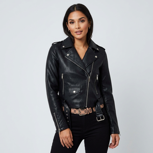 Bold Womens Black <b>Real</b> <b>Leather</b> Belted <b>Jacket</b> Cropped Biker Style Moto Fashion Female Outwear <b>Leather</b> <b>Jackets</b> - Product Image 5