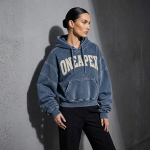 Oversized Hoodie <b>Women</b> Vintage <b>Blue</b> Washed <b>Fleece</b> Sweatshirt With ONEAPEX Letter Print Front Pocket Regular Sleeve Autumn Style - Product Image 1