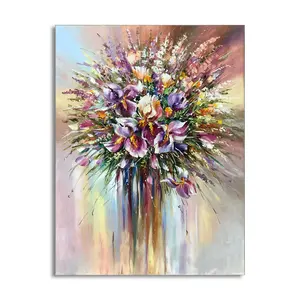 Pintura a óleo floral em tela texturizada para parede, arte abstrata para decoração de paredes, imagem de íris extra grande