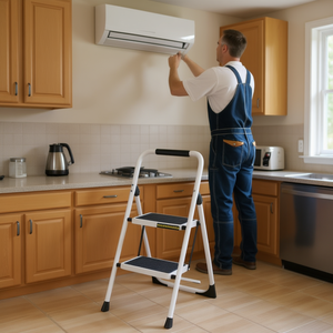 Escalera Plegable Portátil Blanca de 2 Peldaños, con Pedales Anchos Antideslizantes y Pasamanos, Capacidad de 330 Libras, para Limpieza del Hogar y la Cocina - Product Image 2