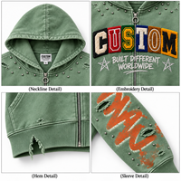 Sweat à capuche zippé personnalisé avec broderie appliquée, vert vintage, coupe courte, broderie florale en chenille colorée, strass, style streetwear