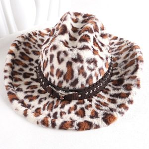 ZhenXi Leopard Print Plush Cowboy <b>Hat</b> M56-58cm With Bull Head <b>Band</b> Western Fashion <b>Hat</b> - Product Image 1
