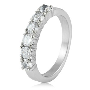 yunnique Stainless Steel <b>Ring</b> With Round Diamonds Prong Setting Wedding Band Unisex Jewelry Silver Color - Product Image 1