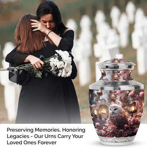 Guci Kremasi Gaya Amerika Besar untuk Dewasa - Burung Hantu Merah Muda Duduk di Atas Guci Bunga Merah Muda - Abu Dekoratif Multiwarna (10 Inci) - Product Image 3