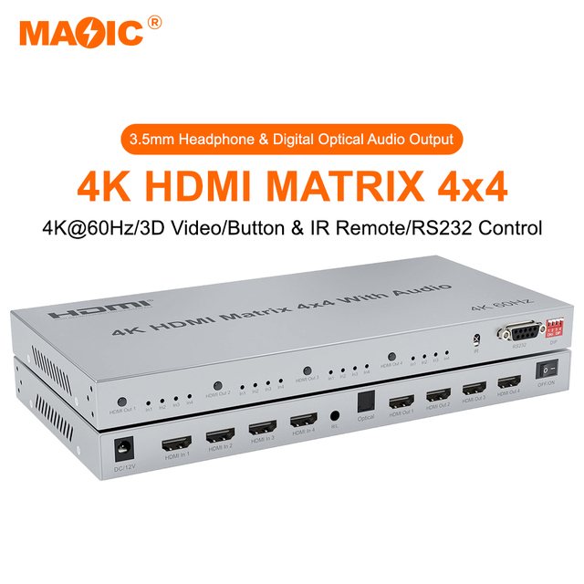 4 in 4 Out Switcher with Audio Extractor IR Remote RS232 EDID Support 18Gbps 4K 60Hz HDMI Matrix 4x4
