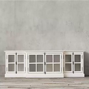 Meuble TV en chêne massif vieilli de style vintage américain, console multimédia avec porte vitrée de style campagne française, long meuble de rangement en bois pour salon - Product Image 5