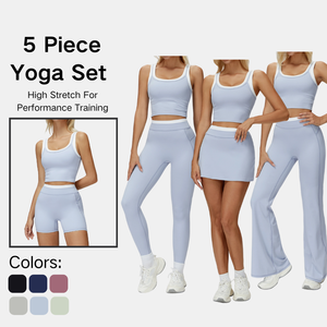 Ensemble de cinq pièces pour femmes, haut sans manches rembourré à blocs de couleur, jupe trapèze, shorts, leggings slim, pantalon large, yoga - Product Image 1