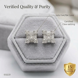 Boucles d'oreilles clous haut de gamme en or blanc 18 carats avec diamants naturels, monture carrée à grappe, cadre baguette, coins arrondis, cadeau d'anniversaire - Product Image 2
