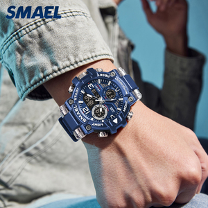 SMAEL 8110 Alloy Case Dual Display Watch 30-50M Waterproof PU Strap Multi Color 55mm Large Face Sports <b>Alarm</b> Watch - Product Image 2
