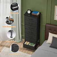 Commode moderne et simple de 47 pouces avec 7 tiroirs en tissu, structure en métal pour chambre à coucher et salon, noir