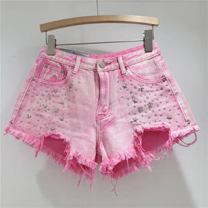 กางเกงยีนส์ขาสั้นฝังเพชร2023แฟชั่นของผู้หญิงเอวสูงทรงหลวมมีชายกางเกงขากว้างทรงหลวมฤดูร้อน - Product Image 3