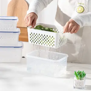 MU热卖3包冰箱食品储存容器套装带盖带过滤器塑料保鲜蔬菜水果储存