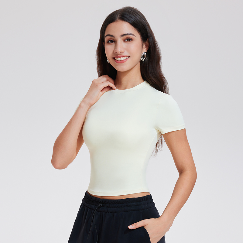 Summer Female Skinny Crop Top Shirts Naked Feeling Slim Fit Sexy Short Sleeve T-Shirt Blank Plain Yoga T-Shirt Size Sexy