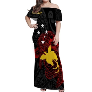 Vestido Largo <span class=keywords><strong>de</strong></span> Hombros Descubiertos <span class=keywords><strong>de</strong></span> Papúa Nueva Guinea para el 47.º Aniversario <span class=keywords><strong>de</strong></span> <span class=keywords><strong>la</strong></span> Independencia - Motu Revareva, Manga Corta, Estampado Floral Ecológico, Natural - Product Image 3