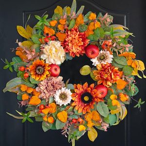 Couronne <span class=keywords><strong>de</strong></span> fleurs artificielles d'automne 2026 pour Halloween, avec tournesols, dahlias et pommes, pour décoration <span class=keywords><strong>de</strong></span> porte - Product Image 2