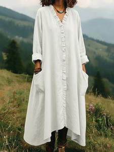 Vestido de mujer de algodón de color liso, holgado, a la moda, para primavera y verano 2026, estilo europeo y americano, con orejeras. - Product Image 5