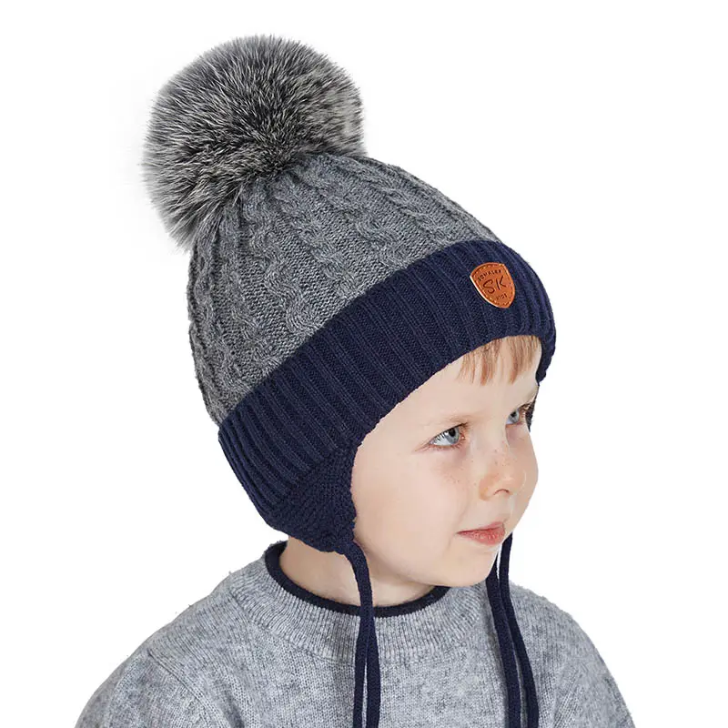 Topi Rajut Anak Laki-laki, Topi Beanie dengan Bulu Pompom Kustom Lapisan Bulu Hangat Musim Dingin untuk Balita Anak Laki-laki