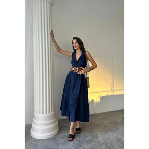 เสื้อเชิ้ตมัสลินแขนกุดคอปกสีกรมท่าเสื้อผู้หญิงไซส์ S - Product Image 3