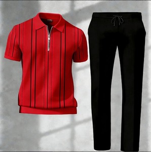 Completo da Uomo a Blocchi di Colore con Mezza Zip, Maglia a Maniche Corte e Pantaloni Lunghi Slim Fit, Set per Uso Quotidiano e Business - Product Image 1
