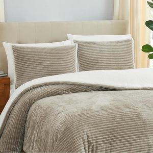 3 Piece Plush Warm <strong>Bedding</strong> Comforter Sets Sherpa Comforter Set with 2 Pillow Sham <strong>Taupe</strong> Reversible - Product Image 1