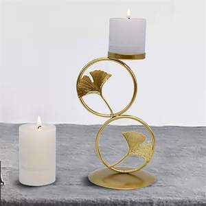 Candelabro de Hierro con Hoja de Ginkgo LANJO, Portavelas Circular Dorado, Candelabro Geométrico de Hierro, Portavelas Creativo Tipo Linterna - Product Image 1