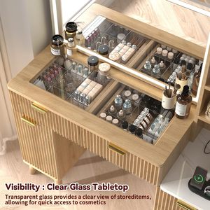 Table de toilette en bois de couleur bois naturel de style moderne, encastrée dans la chambre, avec plateau en verre - Product Image 6