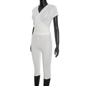 Viviblook J26ST316 Conjunto de Otoño para Mujer, Nuevo Conjunto Casual de Dos Piezas con Cuello en V, Pantalones Cortos con Pliegues Cruzados y Manga Corta - Product Image 3
