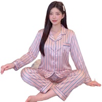 Pakaian Tidur Wanita Motif Garis Pink Bahan Satin Lengan Panjang Set Baju Rumah Ukuran Asia M L XL 2XL