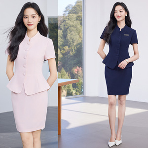 Chinese Style Stand Up Collar Short Sleeve Suit Set Women Summer Thin Professional Hotel Receptionist Work Uniform Short Skirt - Product Image 1