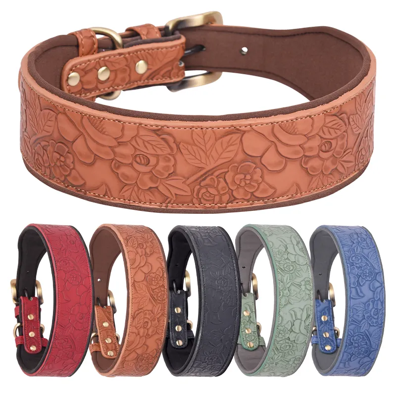 Beirui Manufactory Designer De Alta Qualidade Personalizado Ajustável Durável Gravado Couro Sem Puxar Macio Acolchoado Pet Dog Collar