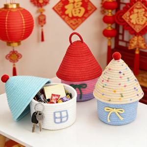 Cesta de Almacenamiento Tejida a Mano con Cuerda de Algodón y Tapa, Organizador de Escritorio con Forma de Casa para Juguetes, Cosméticos, Bocadillos, Decoración de Cuarto Infantil - Product Image 3