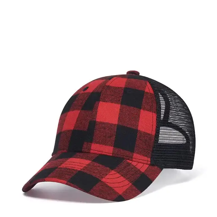 Female Black Red Plaid Trucker Mesh Hat Summer Beach Sun Curved Baseball Cap