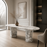 Table à manger ovale moderne en marbre blanc éléphant naturel, finition brillante, double piétement, pour maison, hôtel, villa, personnalisable