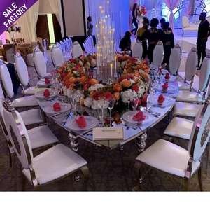 Ensemble de table et de chaises de salle à manger pour mariage, en verre trempé transparent, forme ovale, pieds argentés en acier inoxydable, location de mariage - Product Image 1