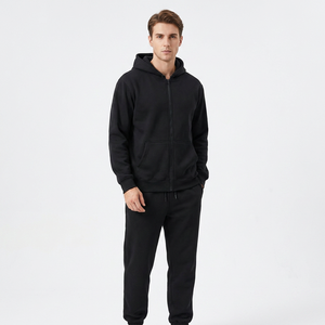 Men's <b>Black</b> Hooded Tracksuit Set Full Zip Hoodie and <b>Jogger</b> Pants Printed Cotton Breathable Lightweight Casual Summer Wear - Product Image 1