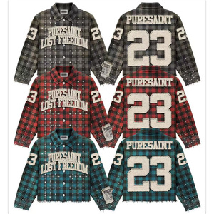 Áo sơ mi flannel nam dáng rộng in họa tiết đính đá pha lê lấp lánh, kiểu dáng casual, cài khuy mandarin, tay dài, họa tiết kẻ caro - Product Image 5